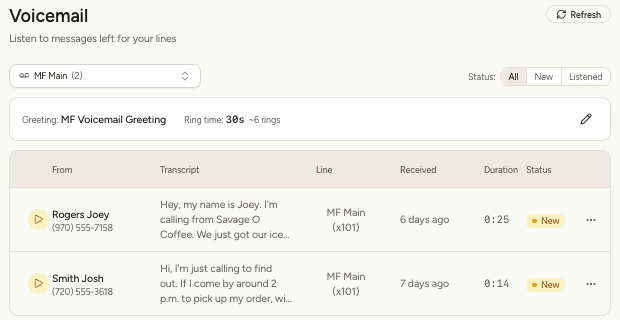 Reading transcribed voicemails in RetailPhone